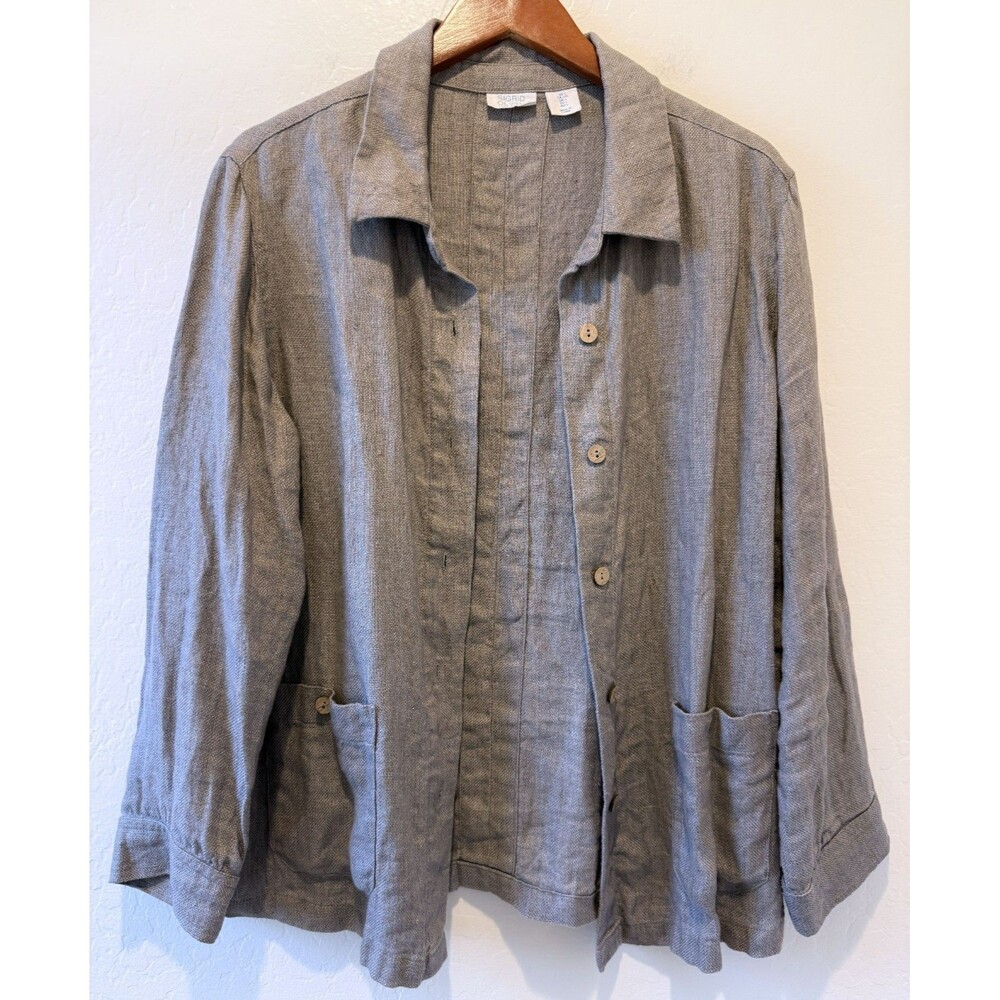 Sigrid Olsen L 100% Flax Linen Gray Button Down Shirt Jacket Women's Minimalist